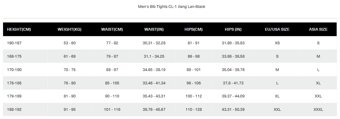 JIANG LAN SIZE CHART